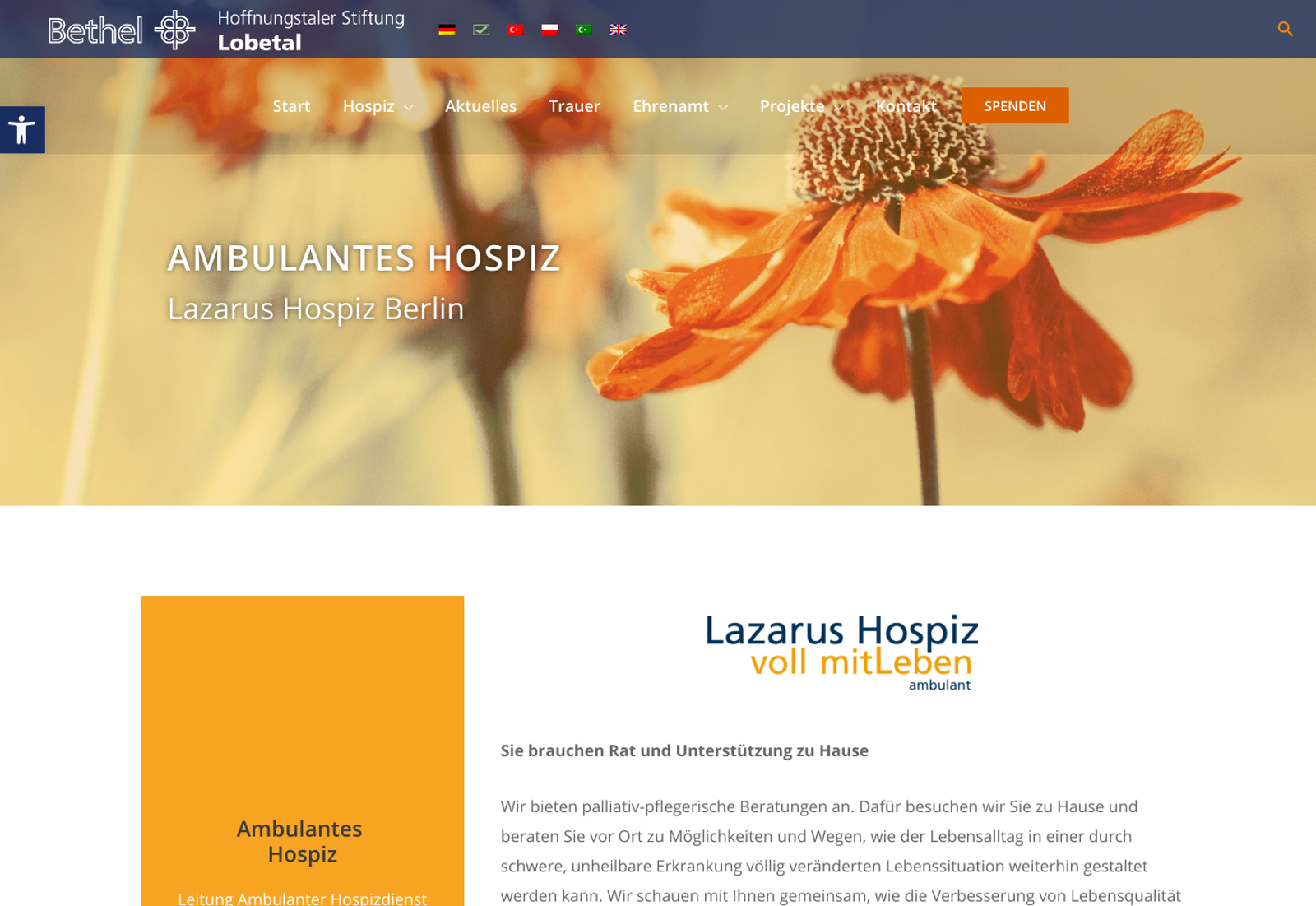Verlinkter Screenshot Website Lazarus Hospiz Berlin